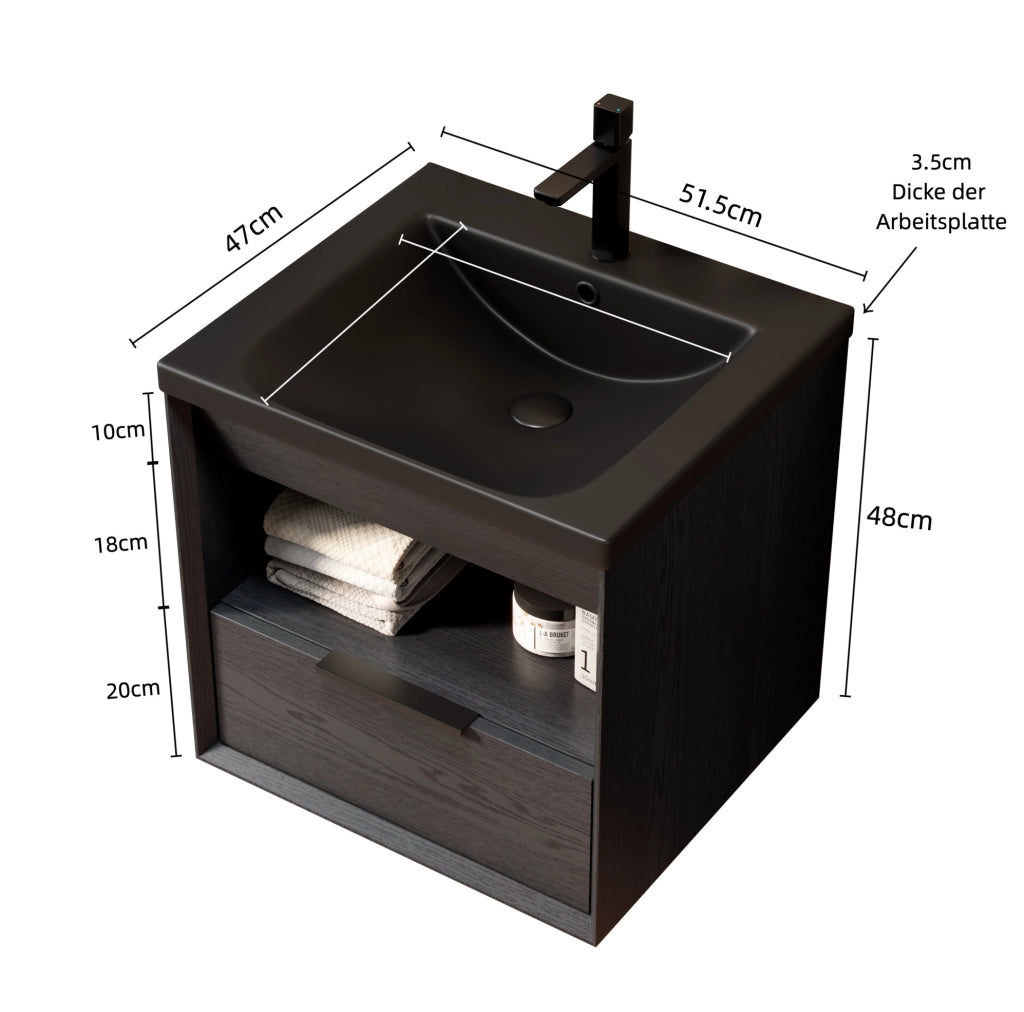 Mobile Lavabo Sospeso con Lavabo Integrato in Ceramica Nero e Rovere Scuro con Cassetto e Ripiano