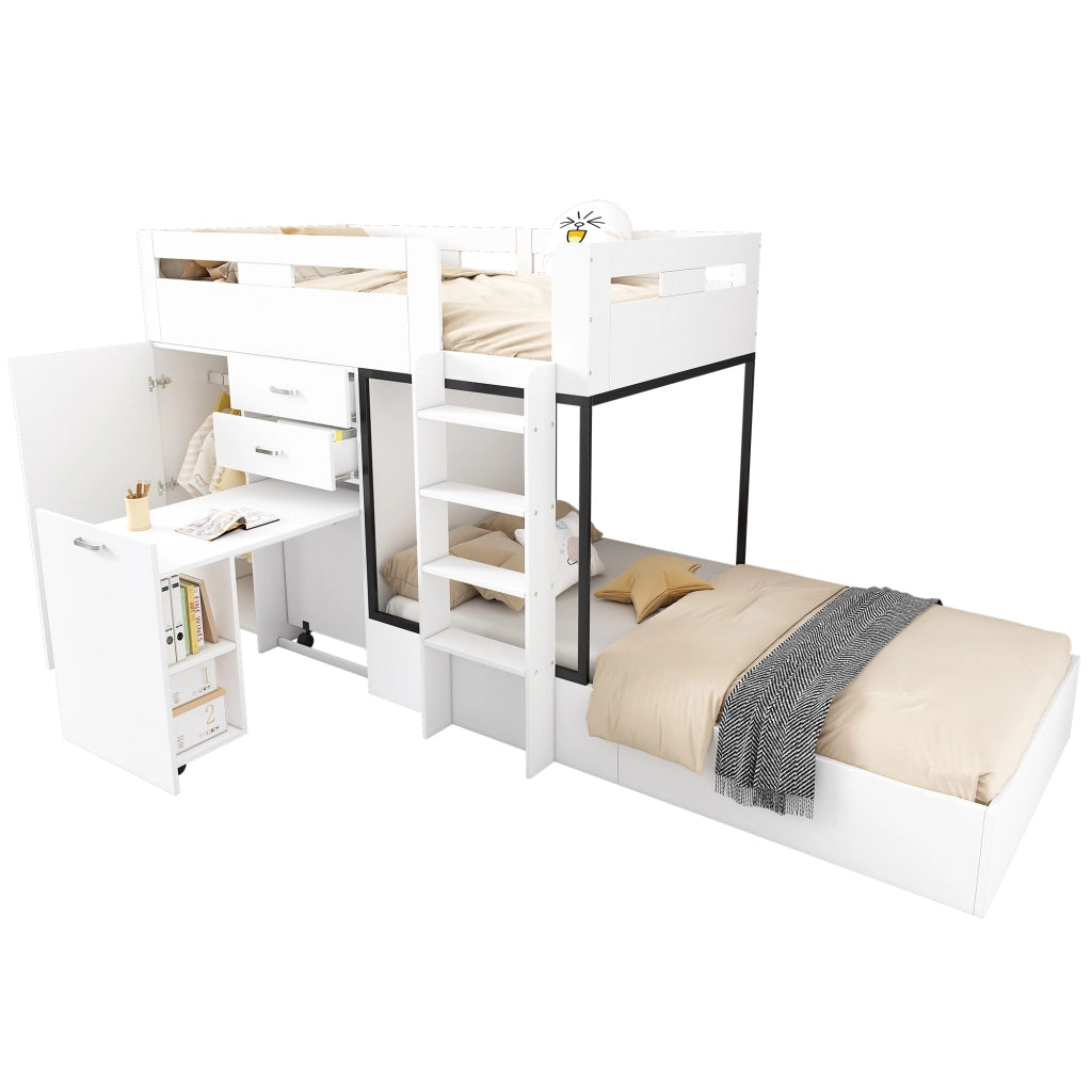 Letto a castello per bambini 90 × 200 cm con scrivania estraibile guardaroba cassetti ripiani MDF bianco e nero