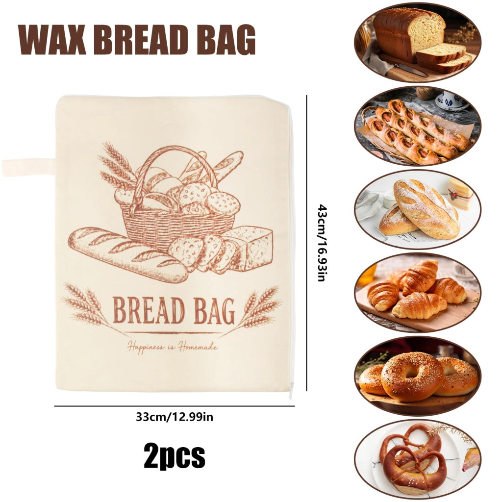 Confezione da 2 sacchetti per il pane in cera d'api, dimensioni 43x33 cm, con chiusura a zip