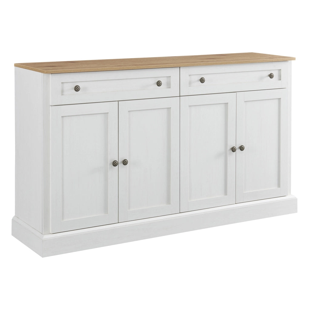 Credenza 150 × 40 × 86 cm con 4 ante 2 cassetti e ripiani regolabili in MDF e truciolato bianco e legno naturale