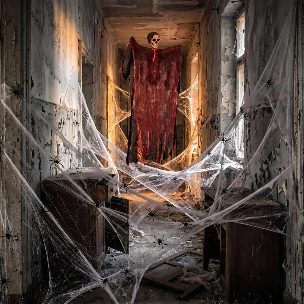 Decorazioni per Halloween con scheletro, fantasma spettrale e ragnatela