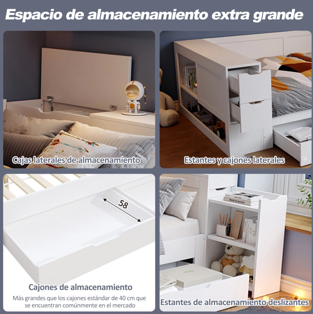Letto singolo per bambini con cassetti e spazio contenitore, 90 x 190 cm, bianco, materasso non incluso