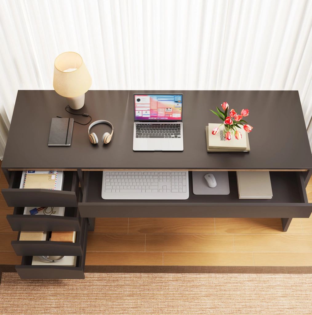 Scrivania grigia e rovere 140 x 50 cm in MDF con 5 cassetti