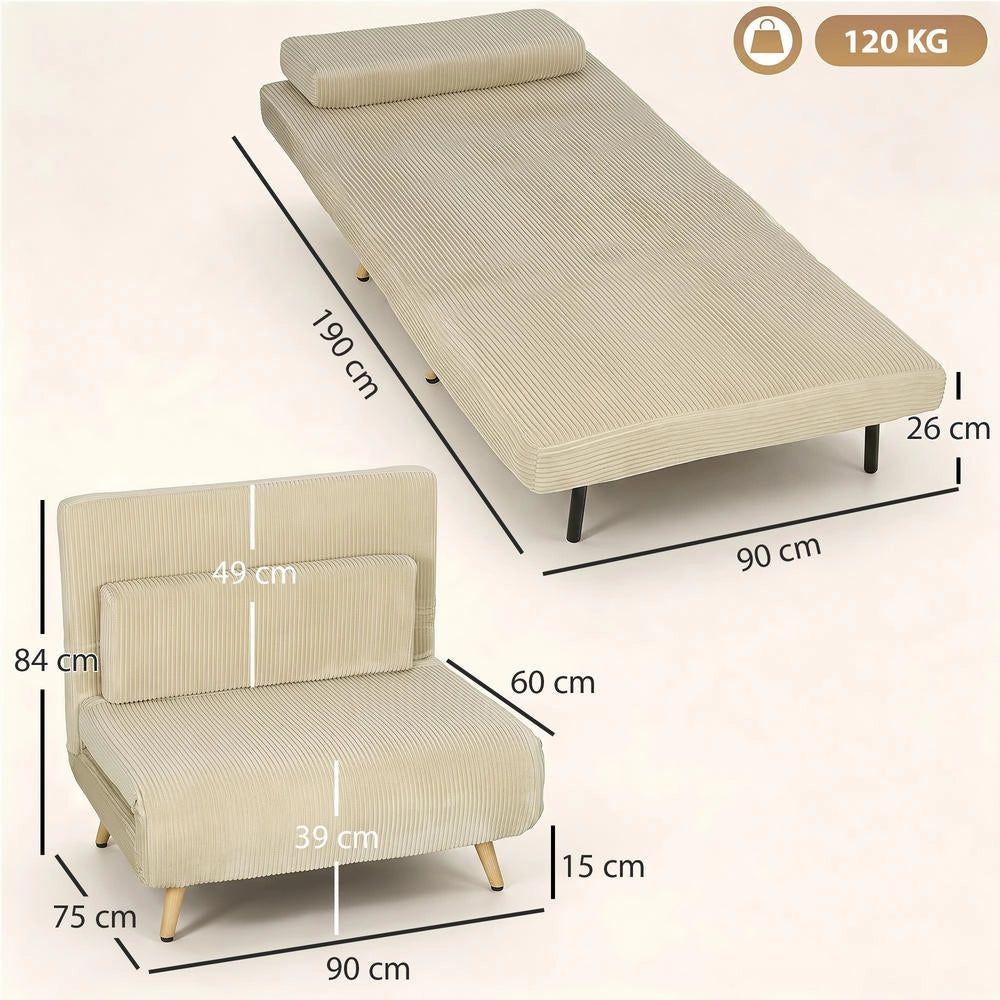 Poltrona letto singola 3 in 1 beige 90x190 cm, divano letto salvaspazio con schienale regolabile a 6 posizioni per casa