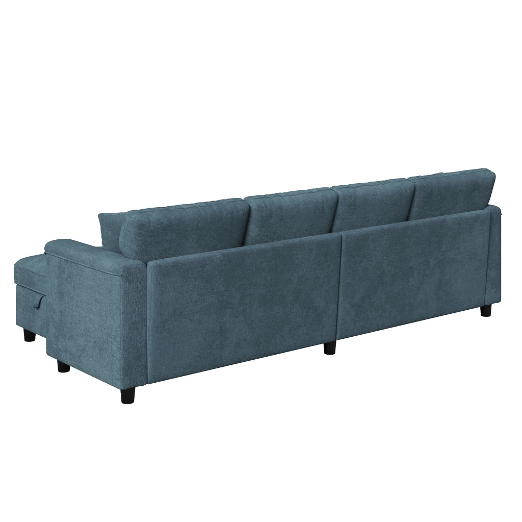 Divano modulare blu in ciniglia con due pouf contenitori