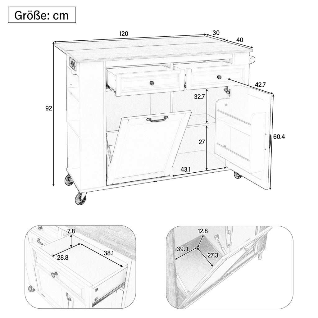 Isola da cucina con piano estensibile in MDF e PB bianco naturale con prese AC USB e USB C ruote bloccabili