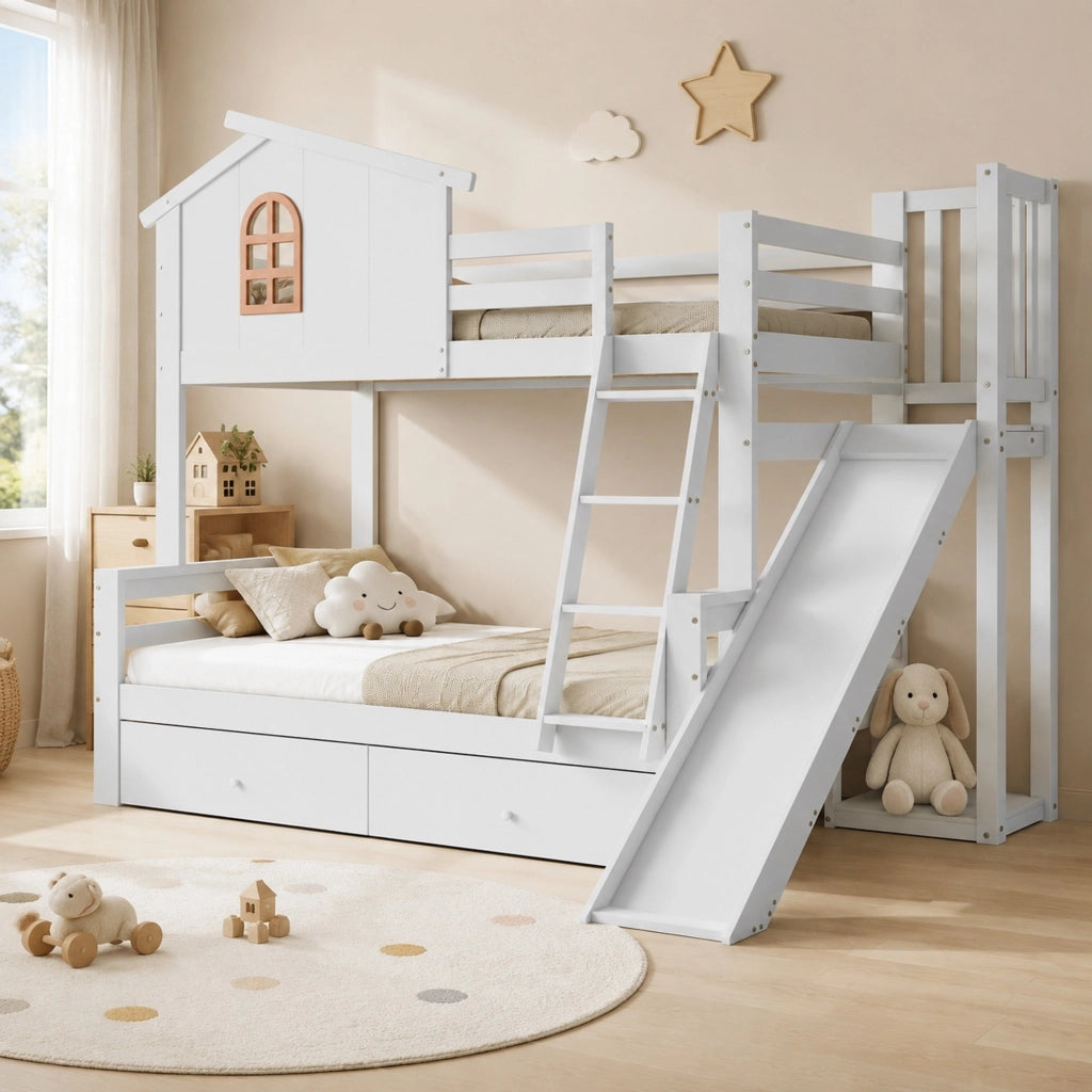 Letto contenitore per bambini 90x200+120x200 cm con scivolo, scala e rete a doghe in legno di pino bianco, senza materasso
