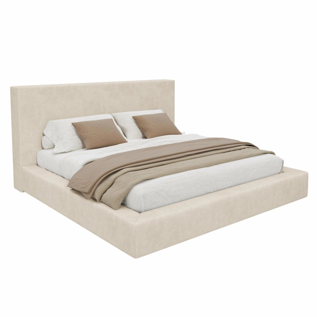 Letto Matrimoniale 160 x 200 cm, Rete a Doghe, Testiera Imbottita in Chenille Beige
