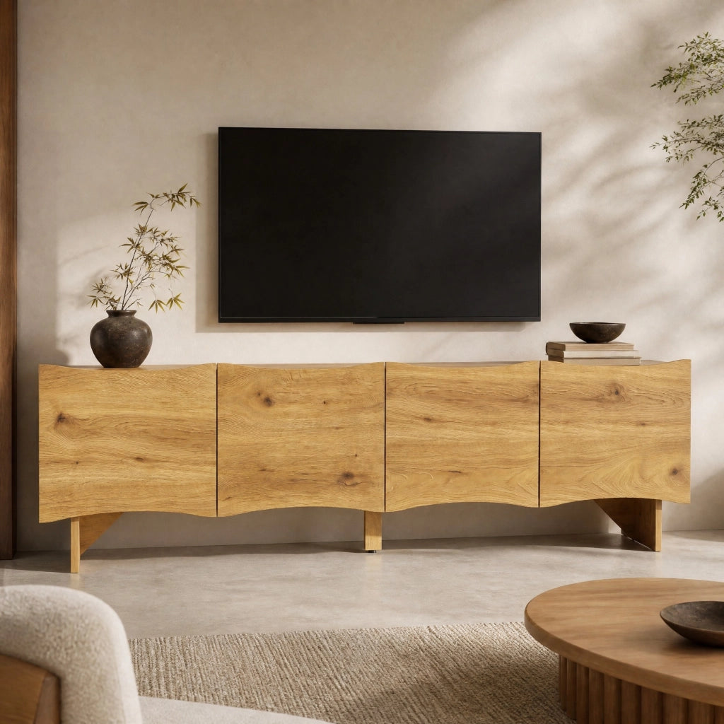 Mobile TV 155 cm effetto legno naturale, 4 ante ondulate, passacavi
