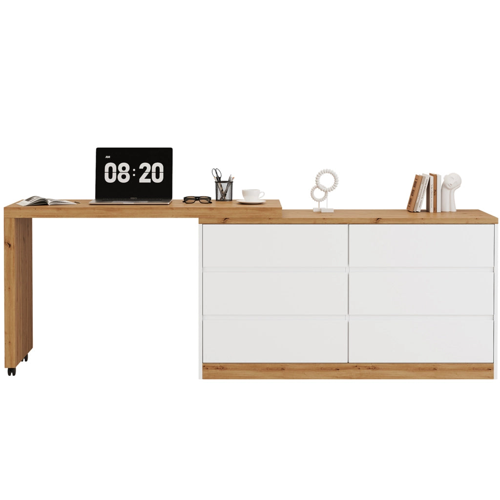 Scrivania girevole 120x50 cm con 6 cassetti e ruote bloccabili in truciolare rovere e bianco