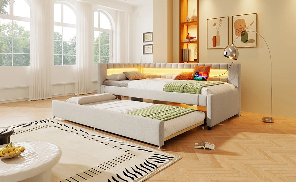 Daybed estraibile con illuminazione LED, 90x200 cm, in lino beige con porte USB e TYPE-C
