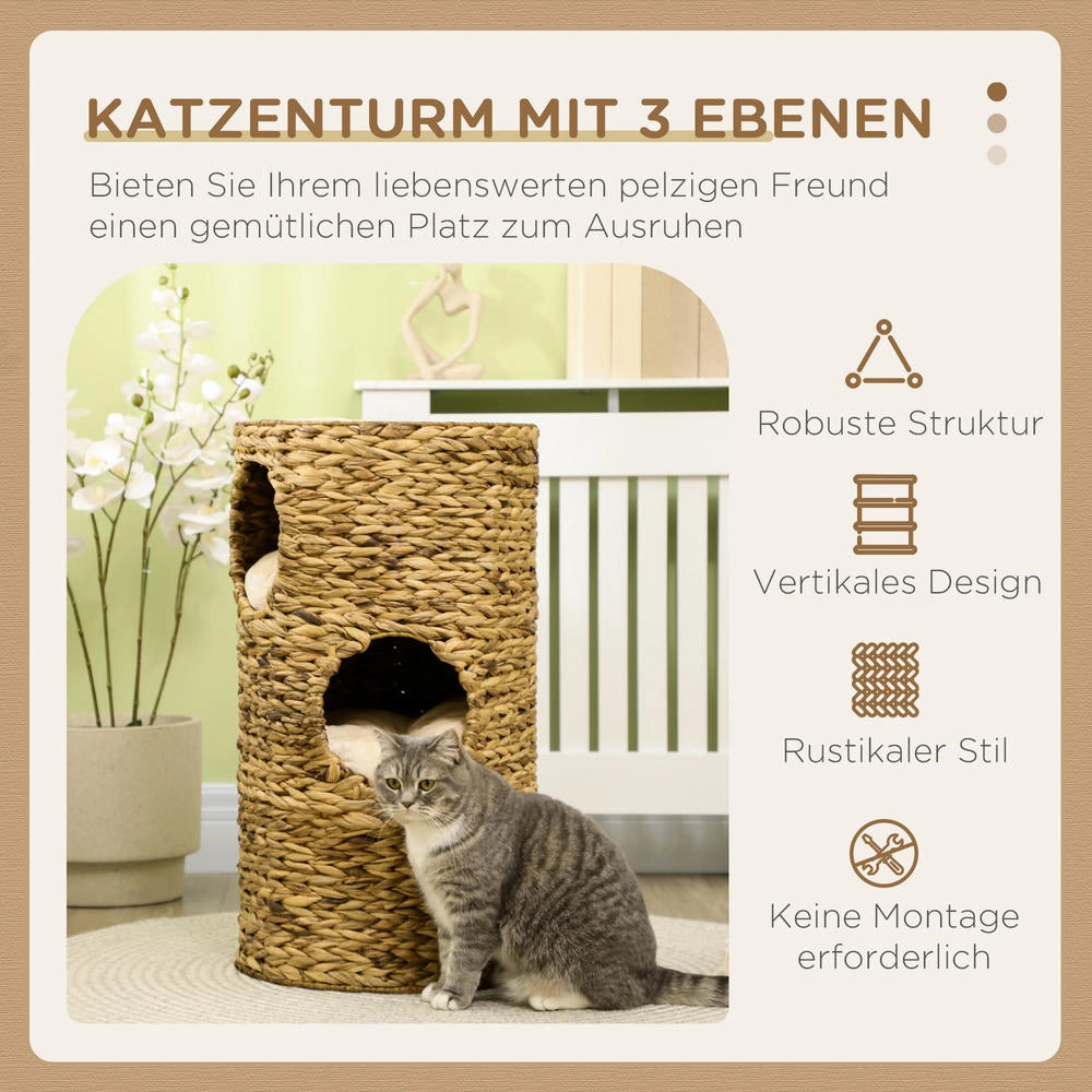 Torre Tiragraffi per Gatti a 3 Livelli Cuccia con Cuscini Stile Boho 40 cm x 40 cm x 73 cm Marrone Chiaro e Bianco Crema