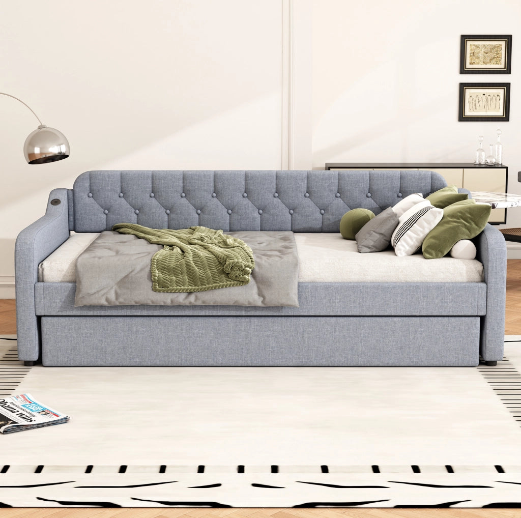 Divano Letto 90x200 cm con Letto Estraibile e Porta USB, Grigio