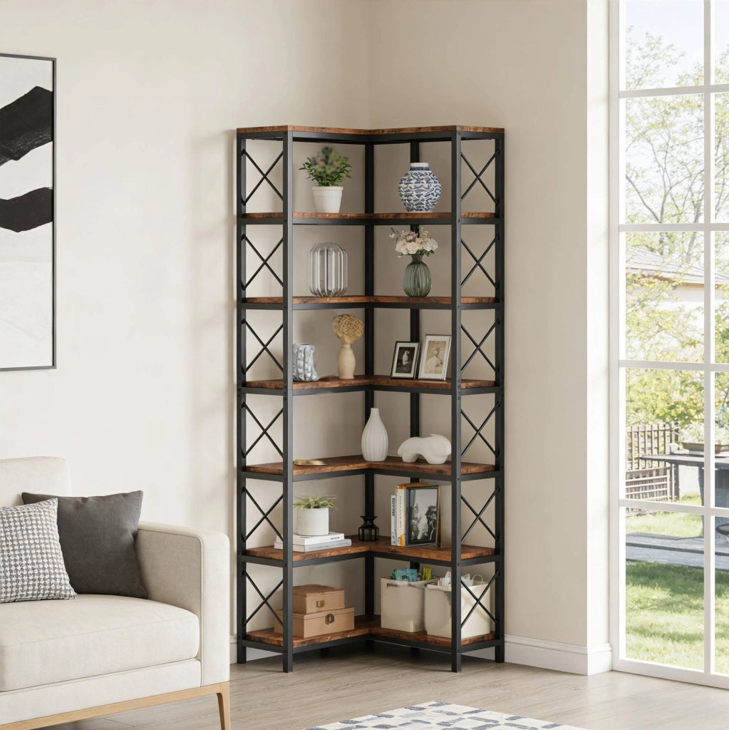 Libreria angolare 60x24x200 cm in metallo e legno nero, stile industriale