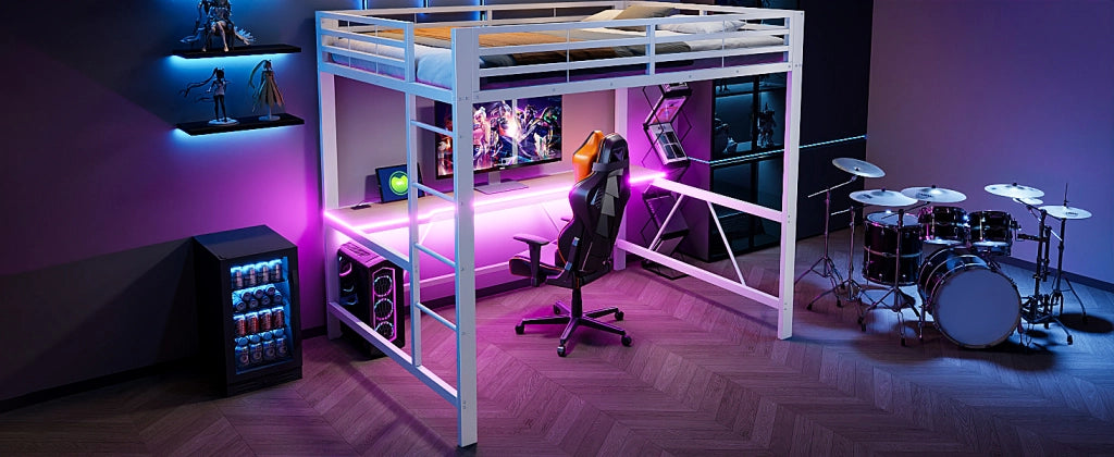 Letto a soppalco 140 × 200 cm con scrivania e led in metallo e MDF bianco con sponde di protezione