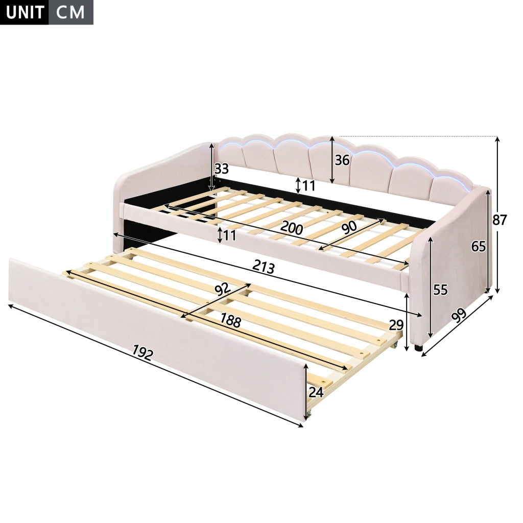 Divano letto singolo 90x200 cm con letto estraibile; struttura in MDF; velluto rosa e LED con telecomando