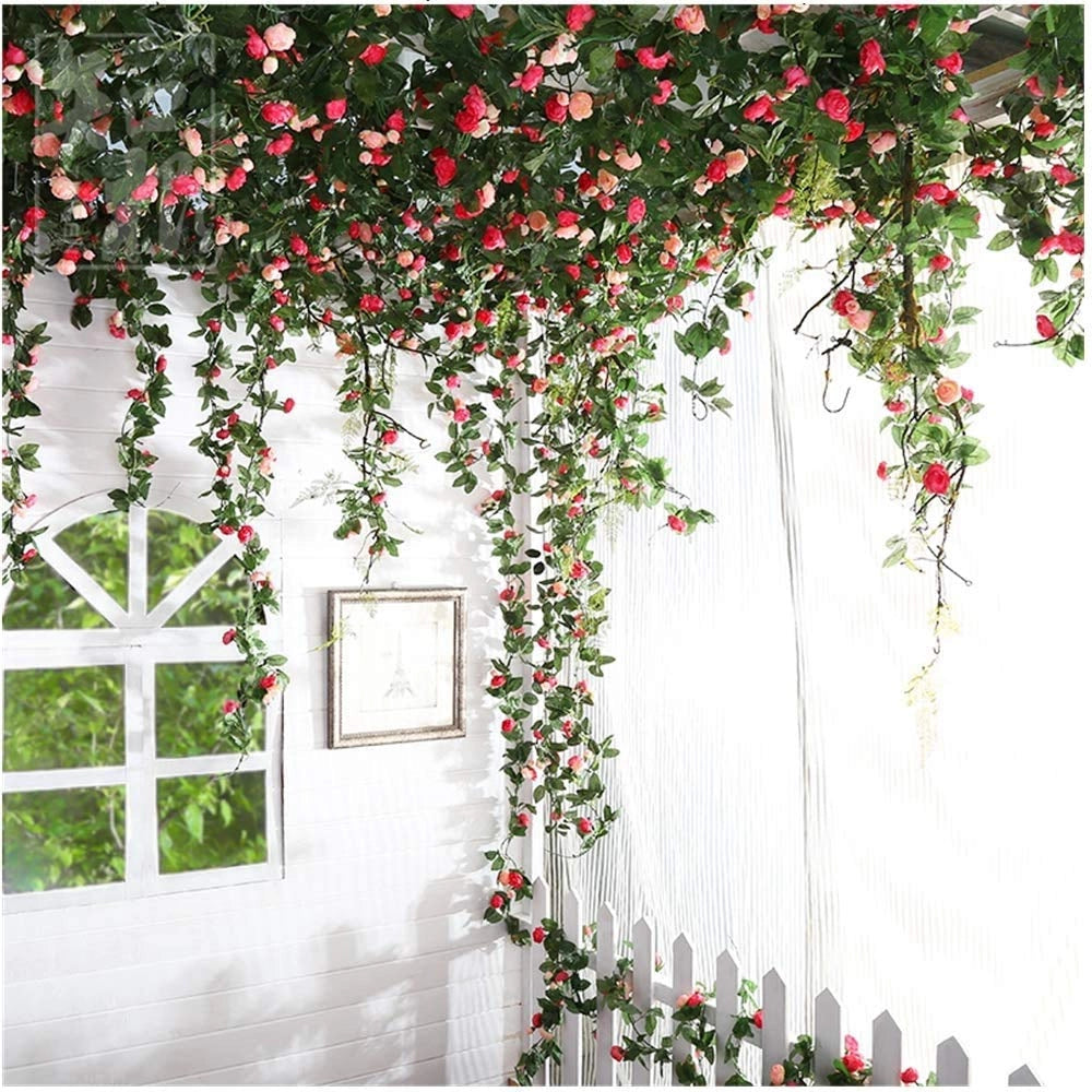 Ghirlanda di rose artificiali, 2 pezzi, lunghezza 200 cm, colore champagne, realizzata in tessuto simile alla seta