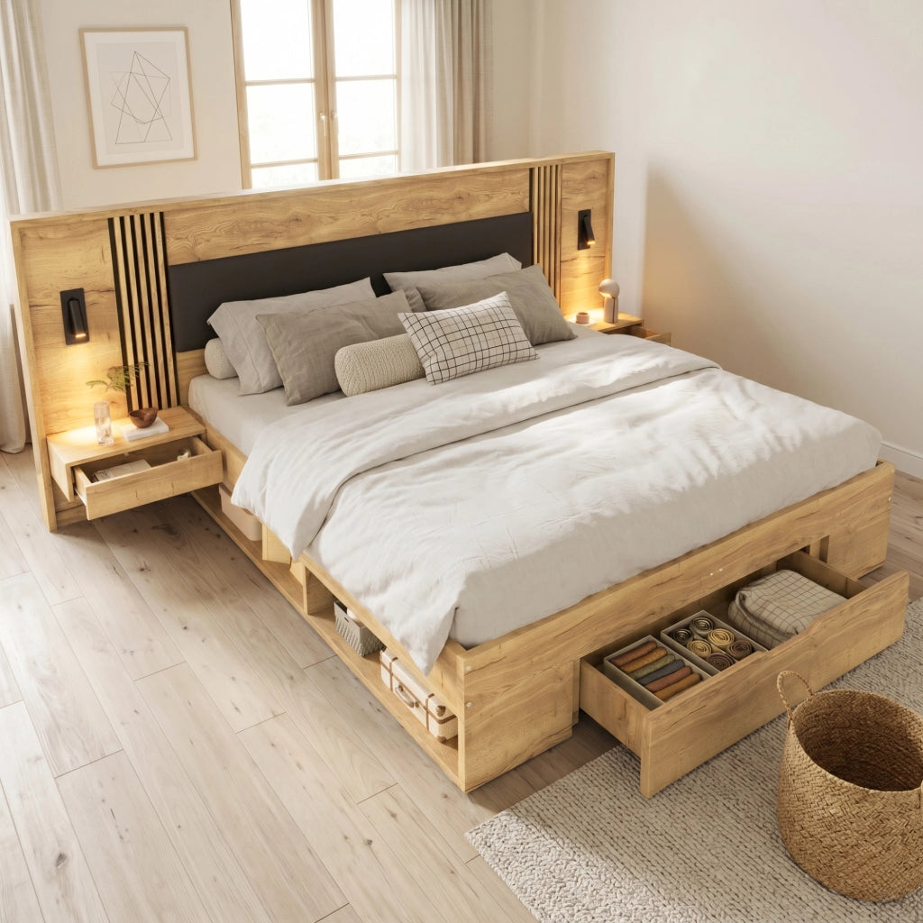 Letto Contenitore 160 x 200 cm, Letto Matrimoniale con Cassetti e Lampade in MDF Naturale