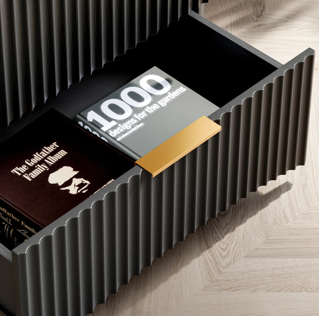 Comodino nero 58x38x64 cm in MDF con 3 cassetti e guide ammortizzate