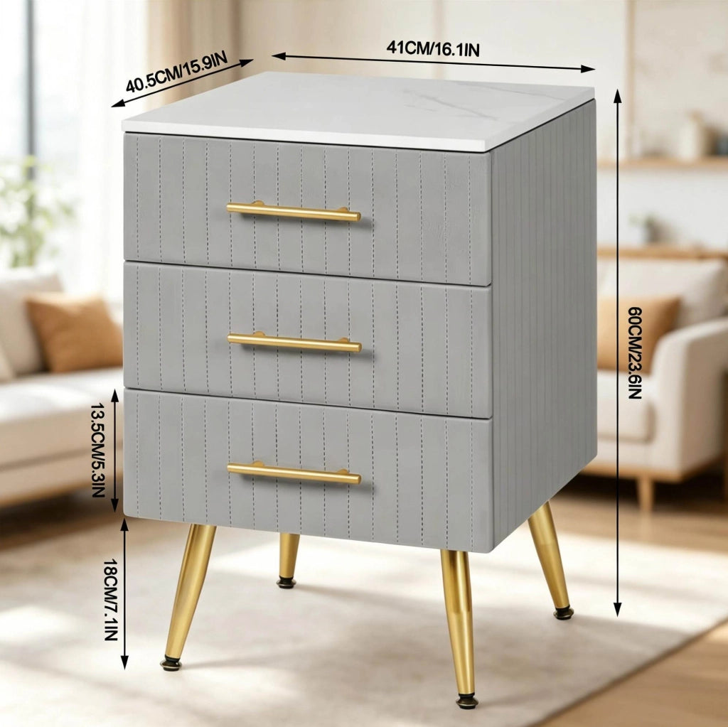 Comodino grigio con 3 cassetti in MDF, velluto e metallo, tavolino laterale 40,5x62x41 cm