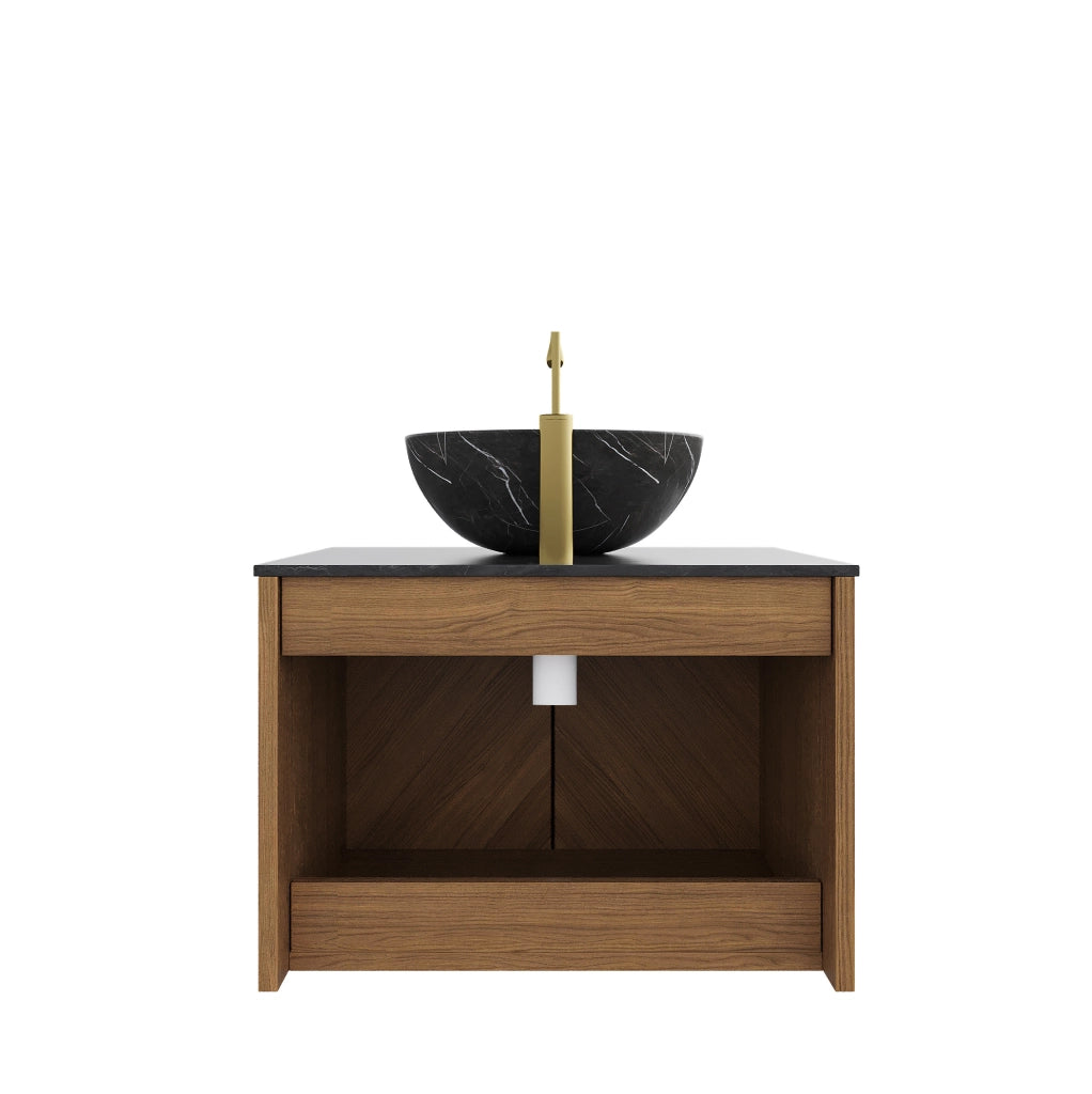 Mobile bagno ULEVR con lavabo da appoggio in ceramica nera, piano in pietra sinterizzata e 2 ante con chiusura ammortizzata