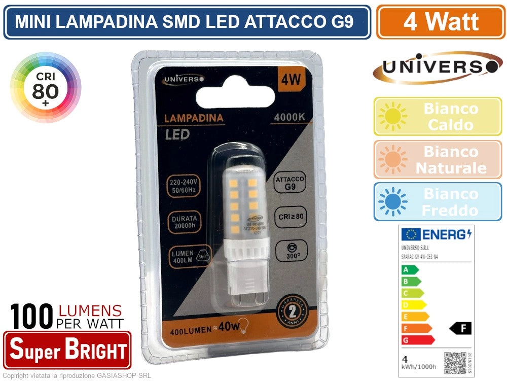 UNIVERSO SPARAC-G9-4W-CE3-N LAMPADINA LED G9 SPOTLIGHT 4W TUBOLARE SMD CHIP 400 LUMEN - Colore Luce:Bianco Naturale