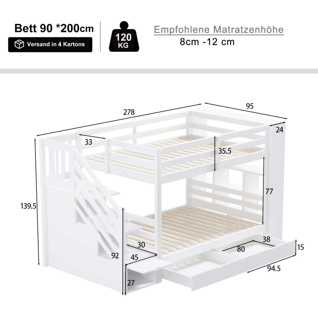 Letto a castello 90x200 bianco in pino con contenitori e 2 materassi