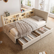 Letto singolo 90x200 cm in lino beige con due cassetti; rete a doghe; mensole e prese USB e Type-C