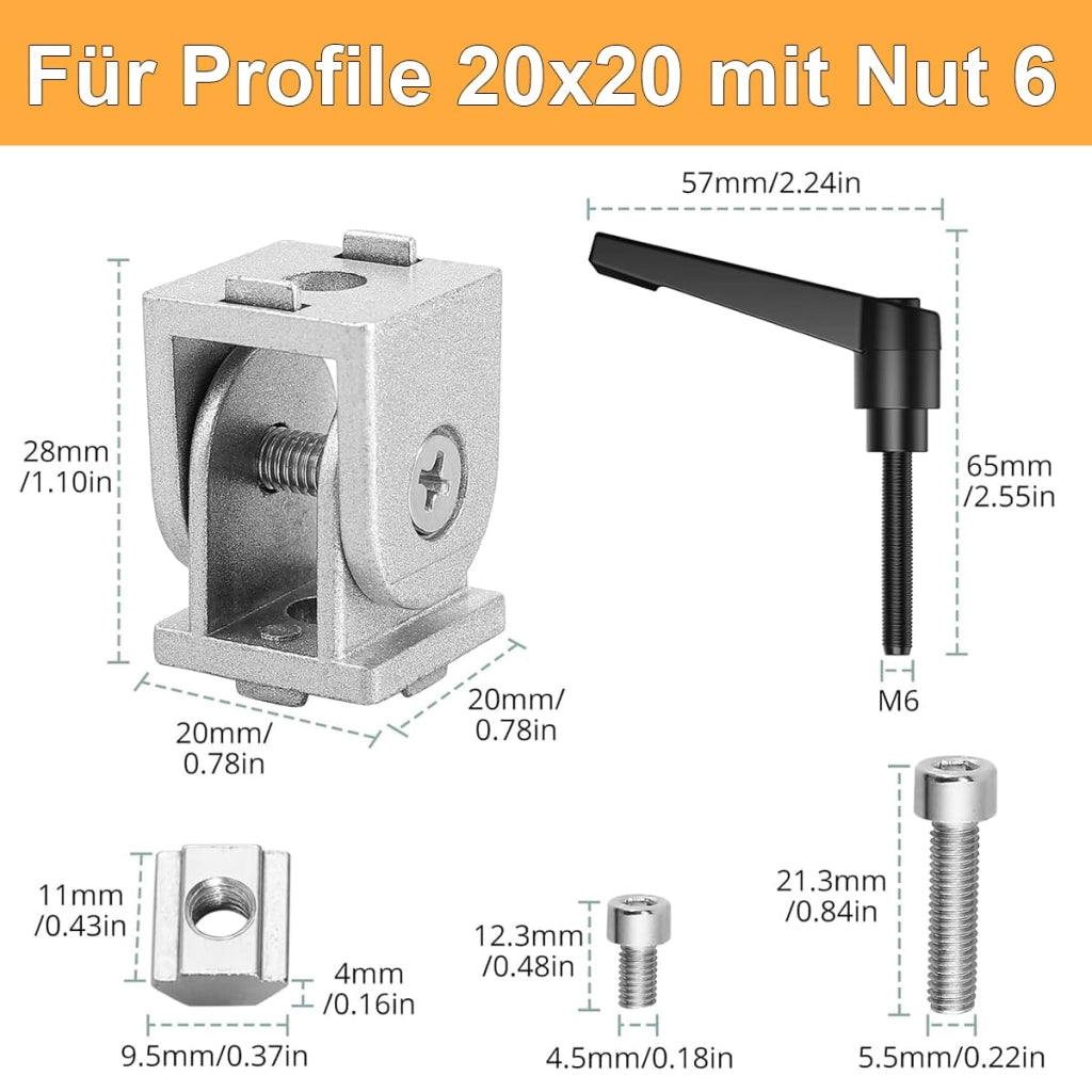 2 connettori angolari argentati per profilo in alluminio 2020, con fessura da 6 mm, regolabili