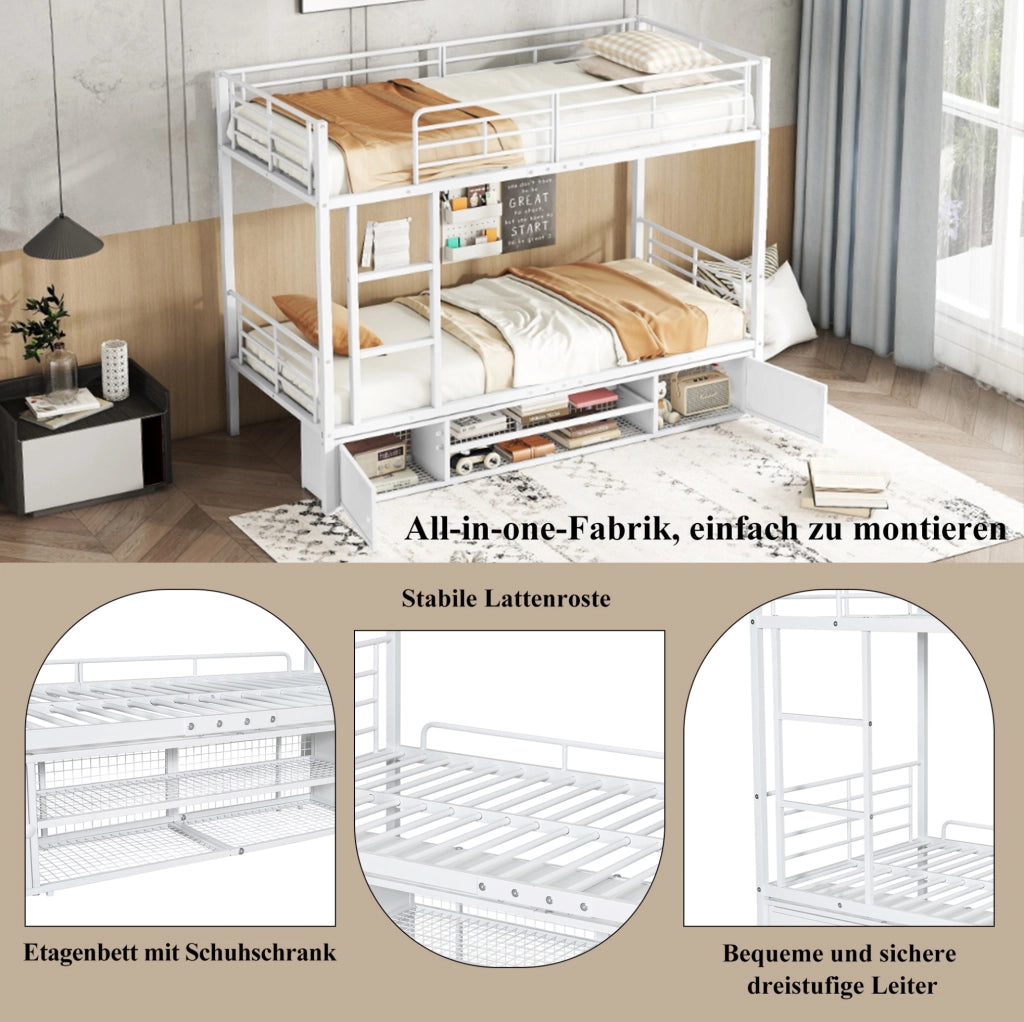 Letto a castello 90x200 cm in metallo bianco con scarpiera e 2 armadietti