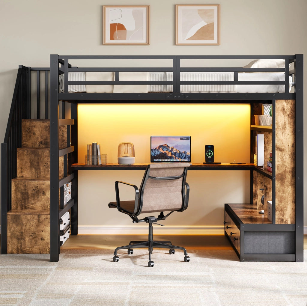 LETTO a soppalco 140x200 cm con scrivania, scaffali e cassetti, metallo e MDF, nero