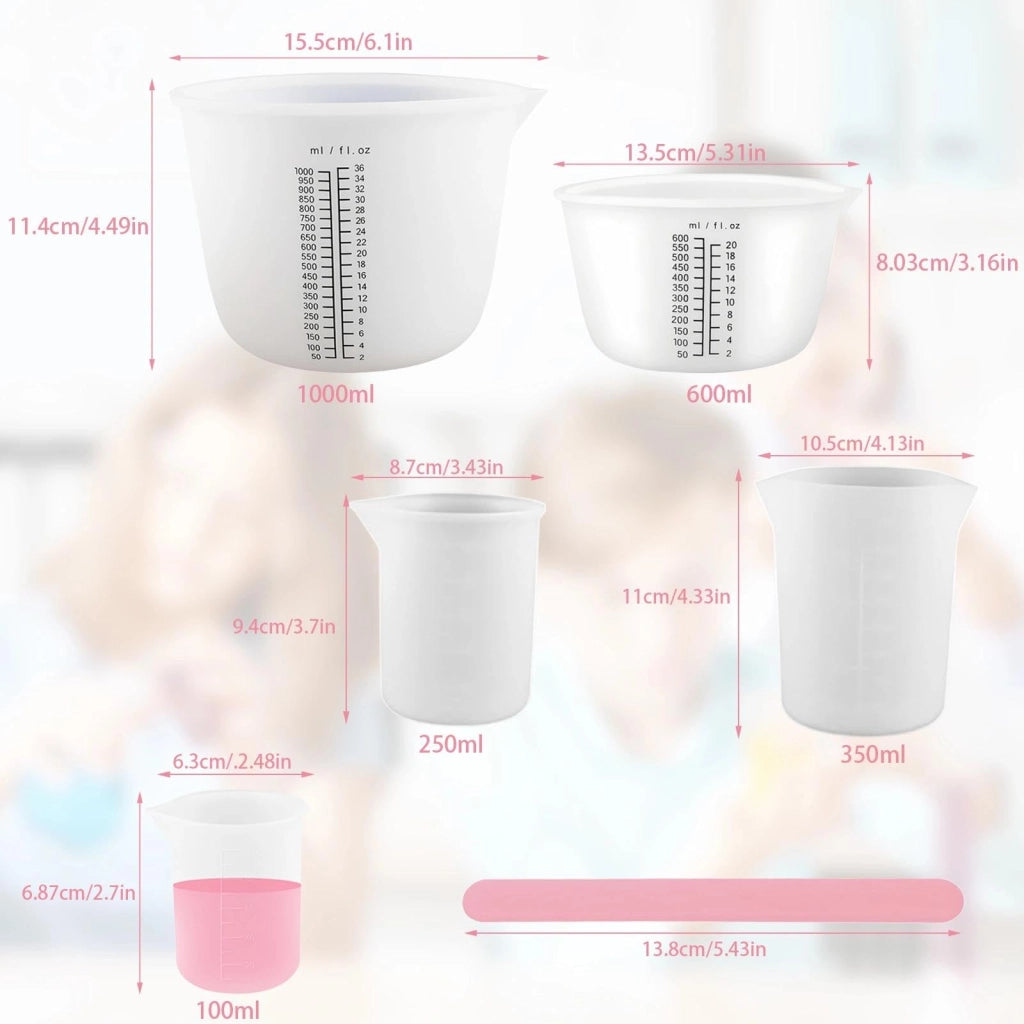 Set di misurini in silicone, 5 pezzi, capacità da 1000 a 100 ml, con scala graduata