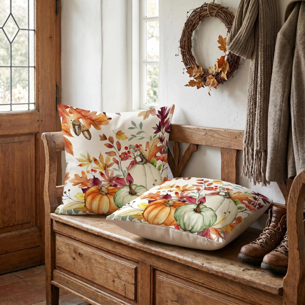 Set di 2 federe per cuscini, 40x40 cm, velluto, motivo autunnale: foglia d'acero e zucca, colore arancione
