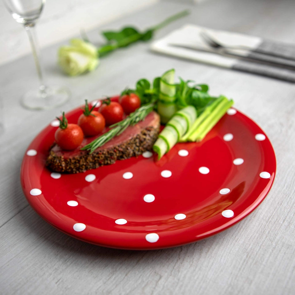 Piatto in Vetroceramica dipinto a mano, decorato con puntini, diametro 25,5 cm, color rosso e bianco