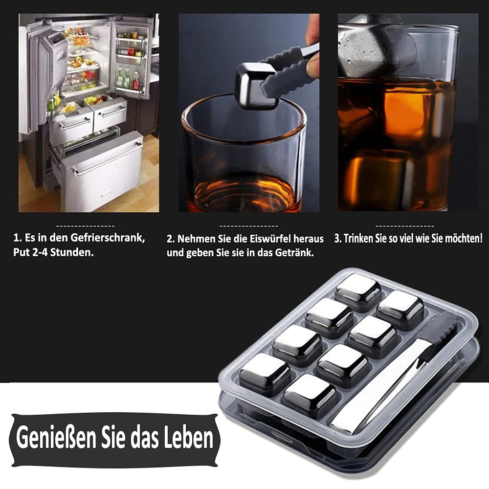Sassi per whisky in acciaio inossidabile, confezione da 8 pezzi, riutilizzabili, con clip