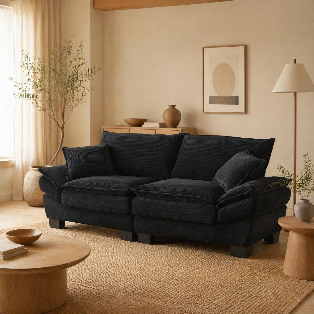 Divano a 2 posti 224x81x81 cm in velluto nero con braccioli, per soggiorno e ufficio
