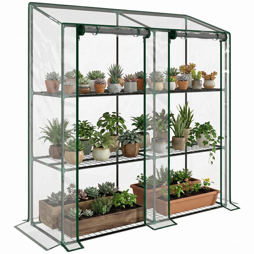 Serra da Giardino per Piante e Pomodori con Scaffale a 3 Ripiani e Doppia Porta, Telo in PE Trasparente, 143 x 46 x 151 cm
