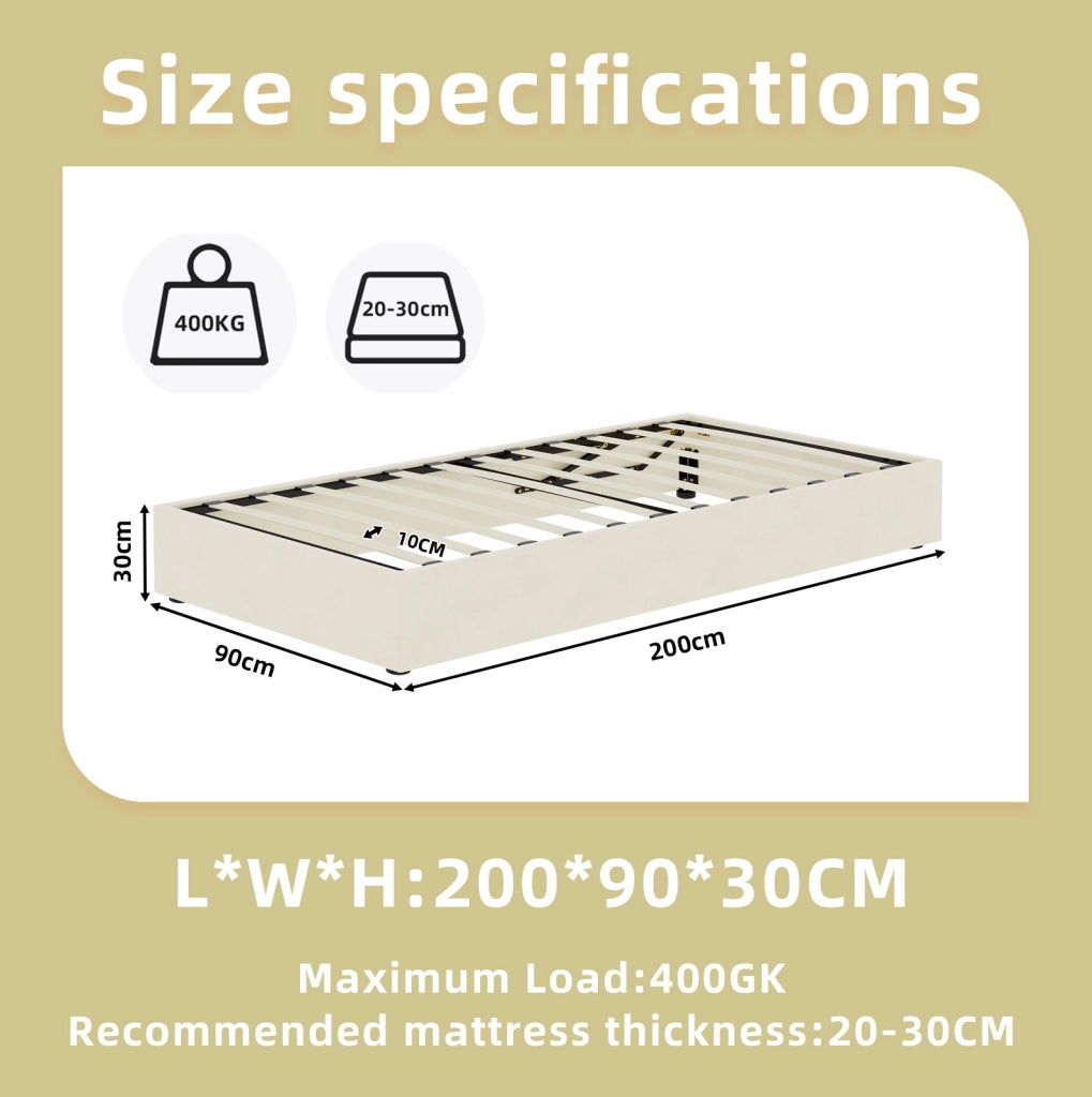 Letto singolo 90x200 cm con contenitore a sollevamento pneumatico; tessuto beige e metallo