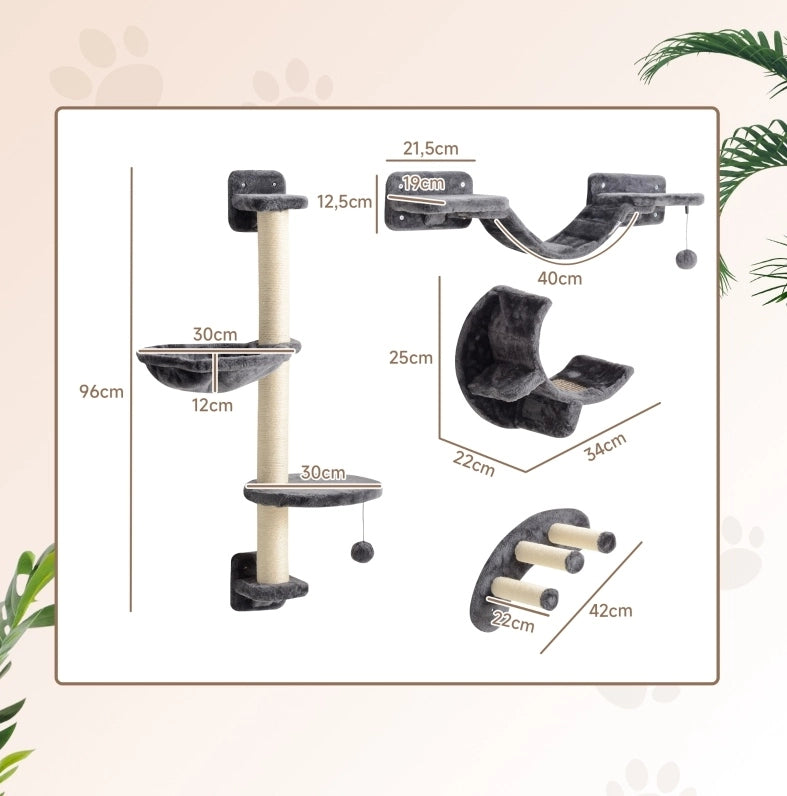 Set da parete per gatti a 4 elementi, grigio scuro, fino a 5 kg