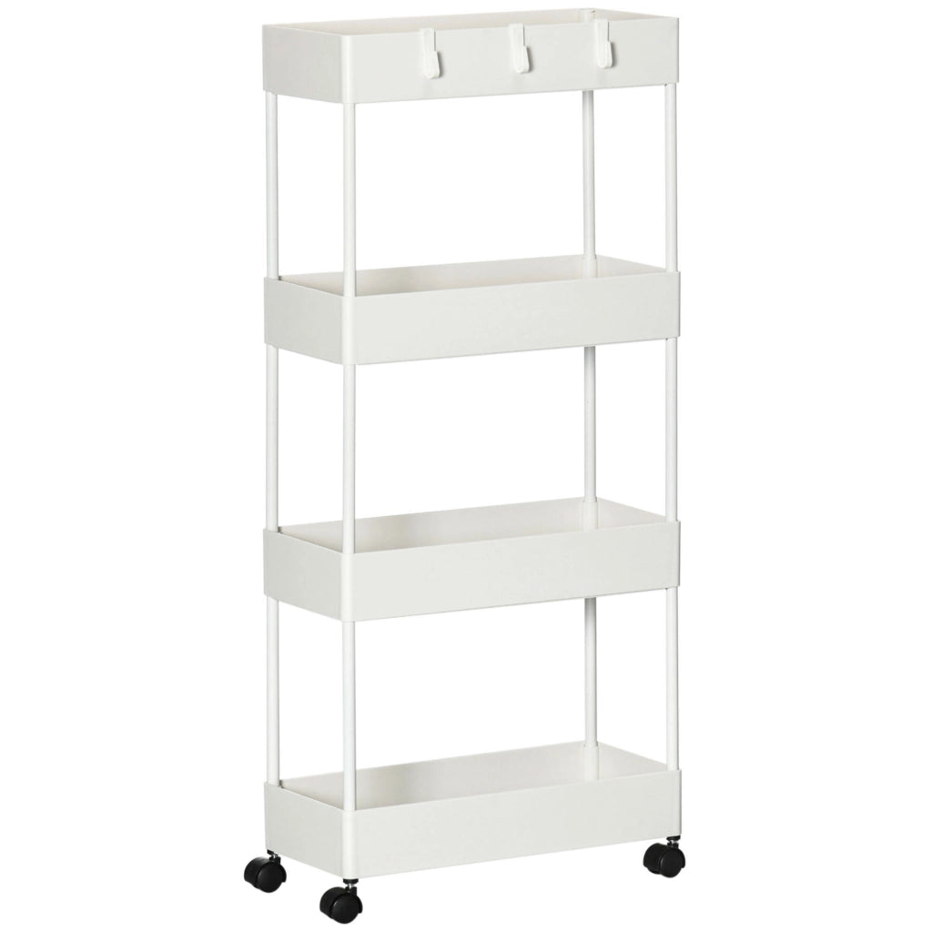 Carrello da cucina con 4 ripiani e ruote con freno, bianco, 40x19x90 cm