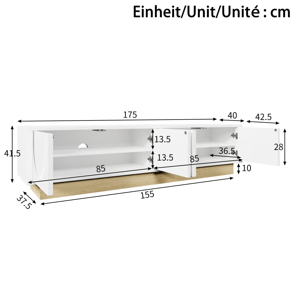 Mobile TV 175 x 40 x 41,5 cm bianco e legno MDF, design curvo, ampio spazio