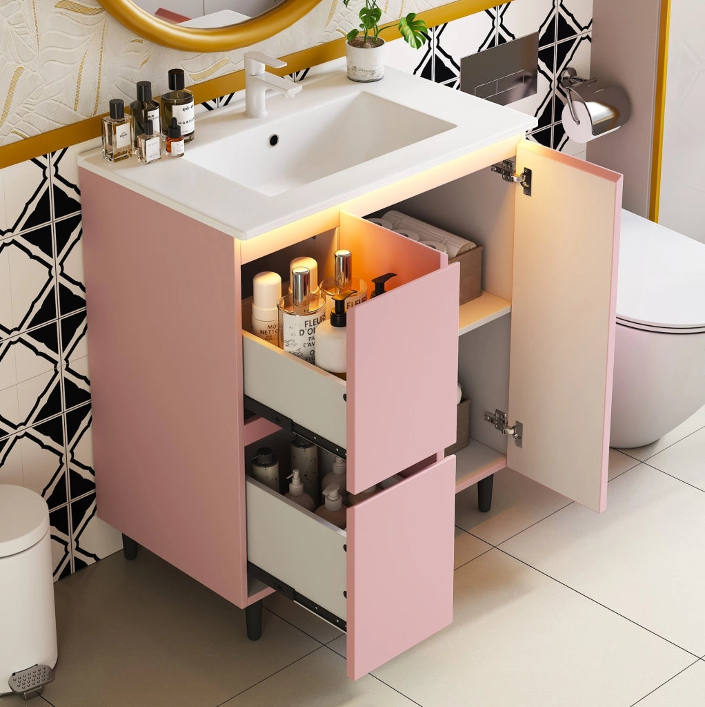 Mobile lavabo da bagno rosa con sensore luminoso, 76 × 47 × 89 cm