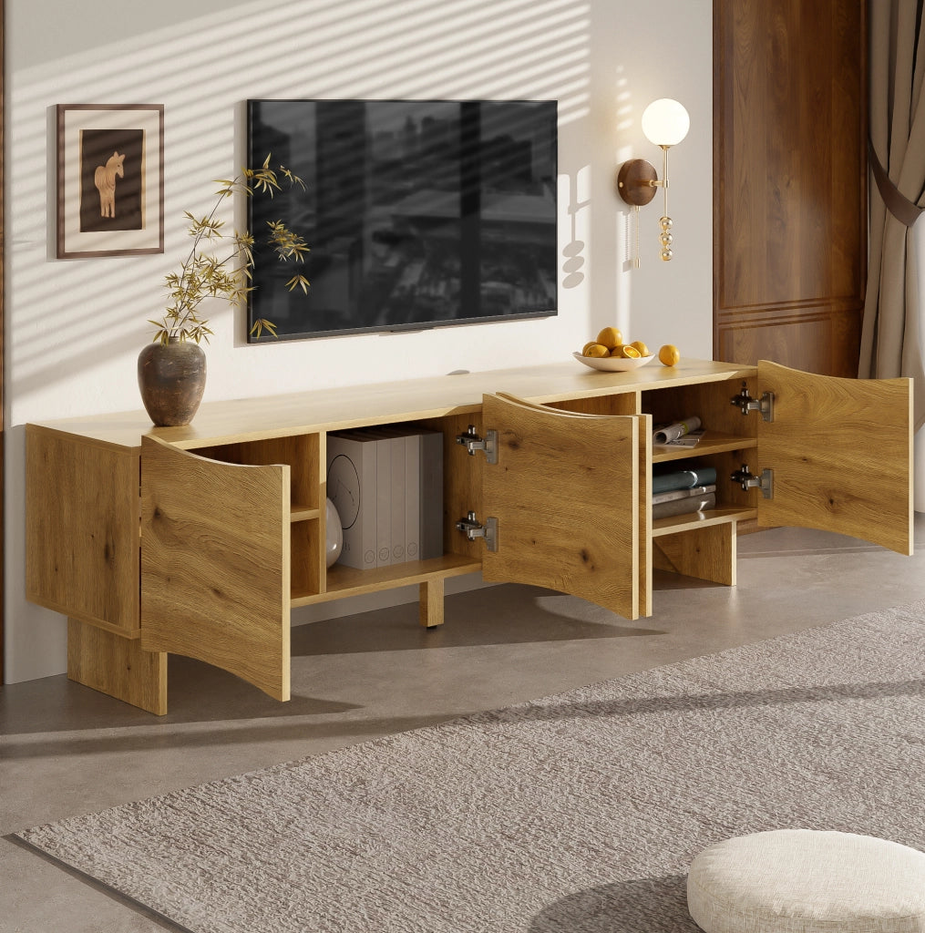 Mobile TV 155 cm effetto legno naturale, 4 ante ondulate, passacavi
