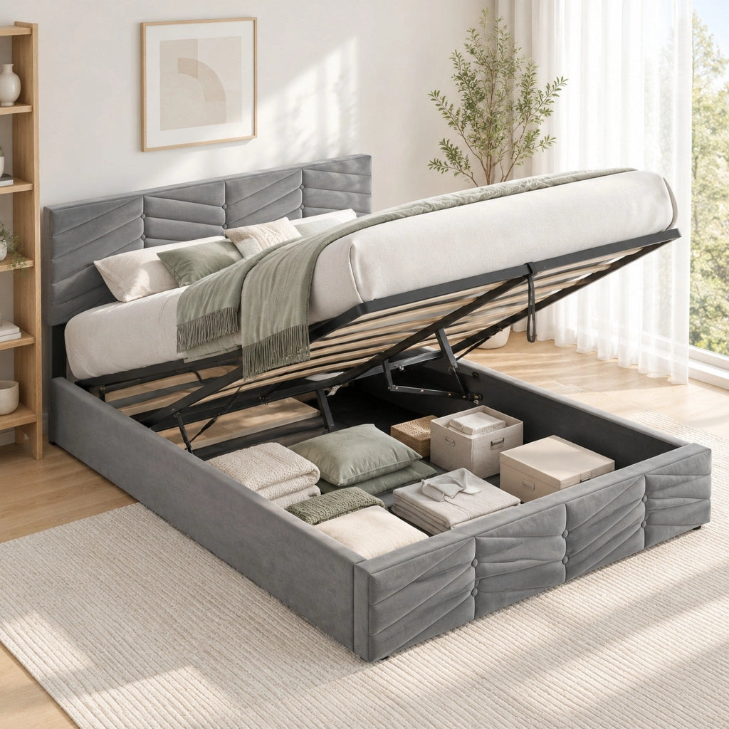 Letto imbottito contenitore 140x200 grigio in velluto con materasso