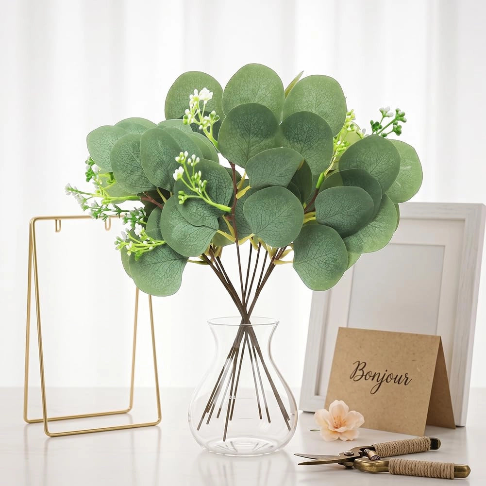 Set di 12 eucalipti artificiali, altezza 27,9 cm, resistenti ai raggi UV, colore verde