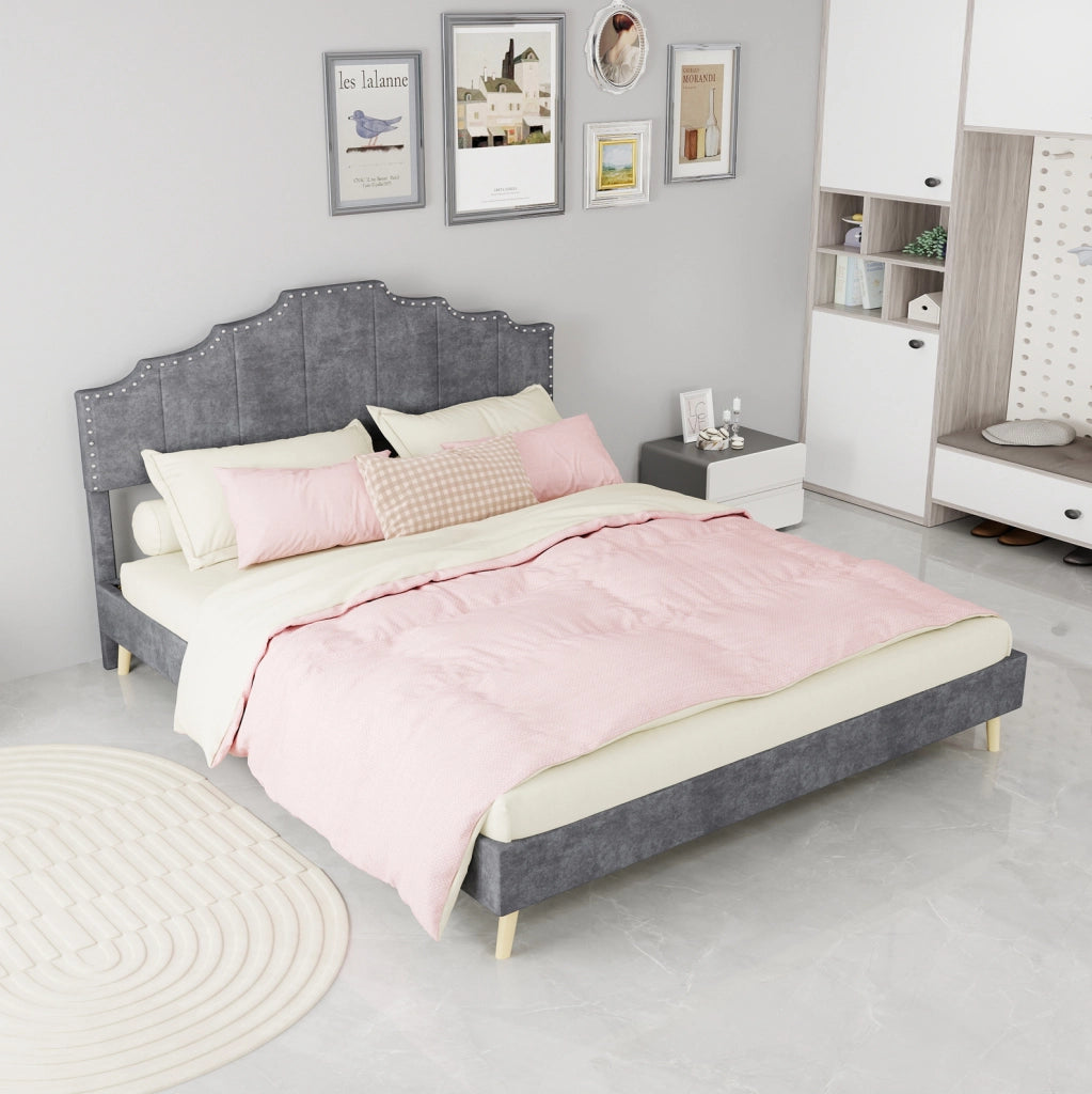 Letto moderno minimalista 160x200 cm con testiera morbida grigia e materasso incluso