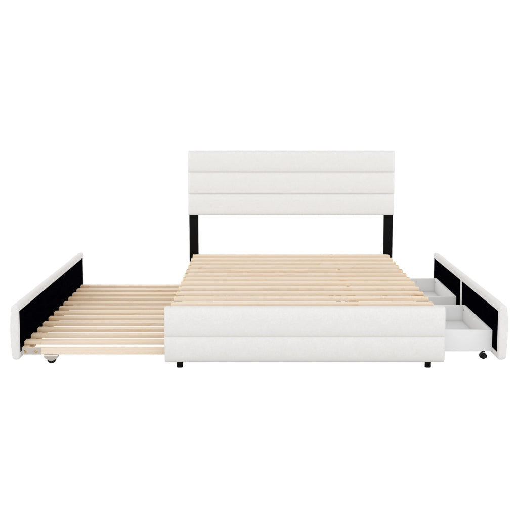 Letto Estraibile 140 x 200 cm e 90 x 190 cm, Letto Matrimoniale - 2 Cassetti - Beige
