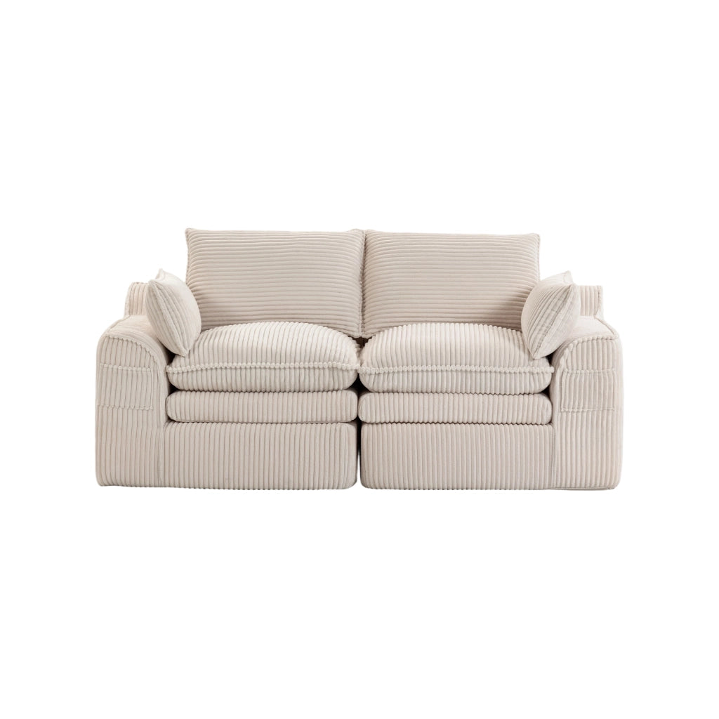 Divano 2 posti 191x94x85 cm con tasche laterali e cuscini; imbottitura a 3 strati; velluto a coste beige