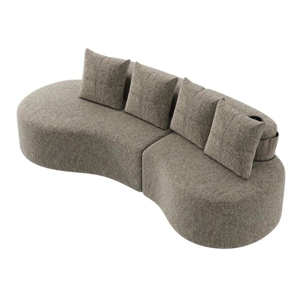 Divano 4 posti 240x109x63 cm in lino kaki con portabicchieri e tasche laterali