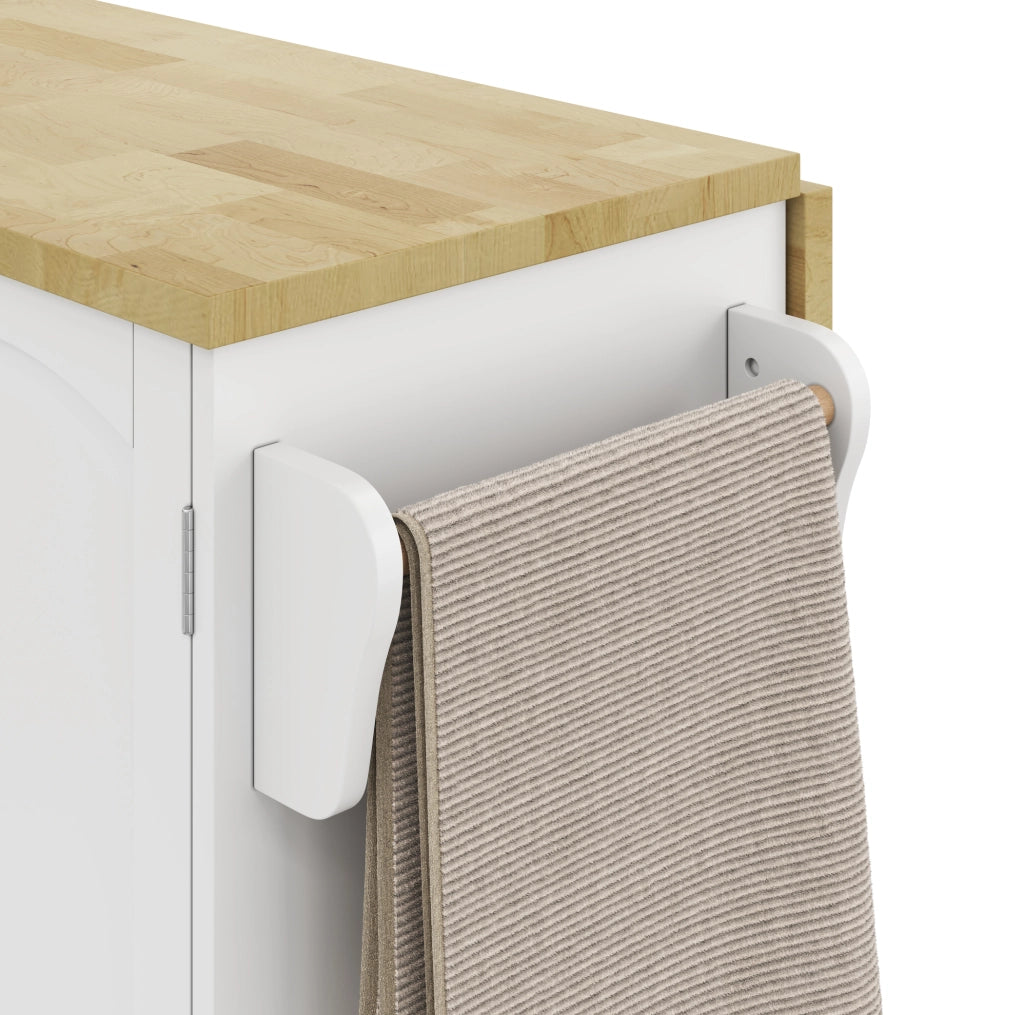 Isola cucina mobile con piano ribaltabile e 5 ruote in MDF naturale e bianco